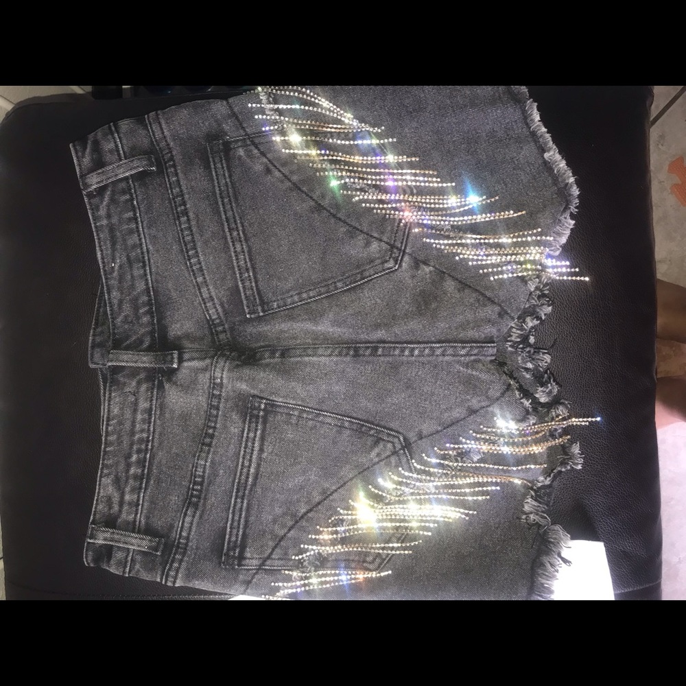 Washed black denim sparkle shorts